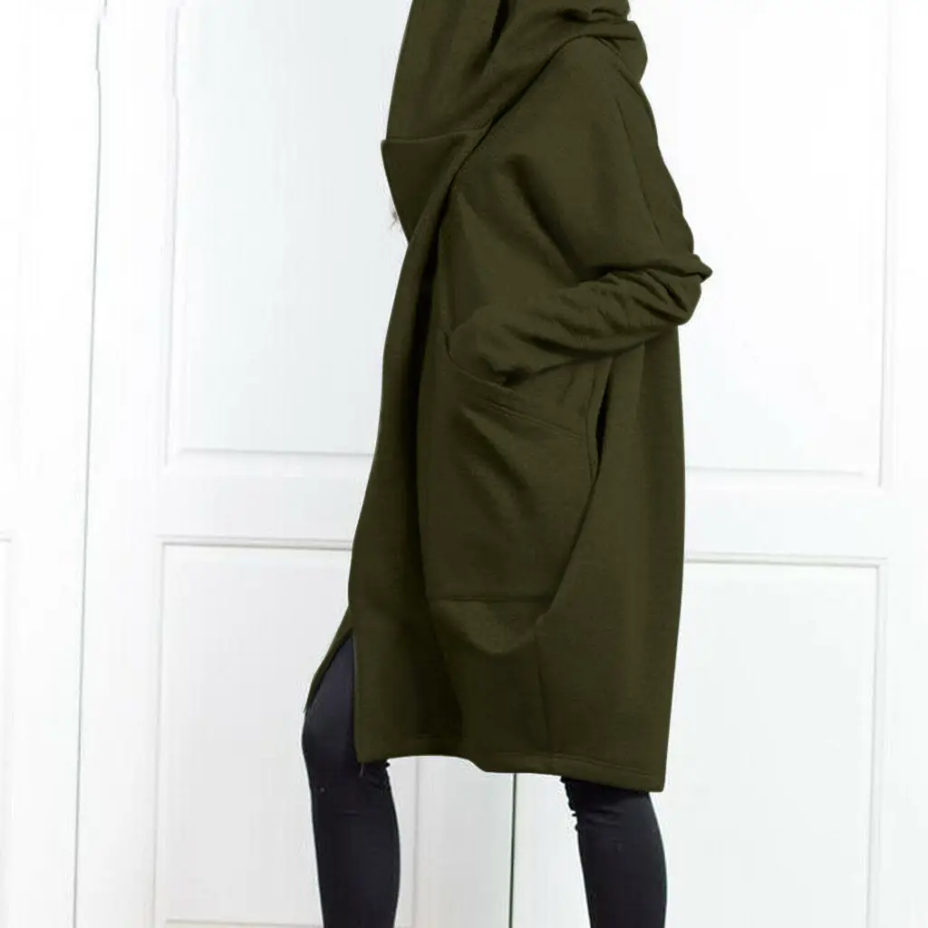 Black Hooded Zipper Long Coat for Women — feature 9
