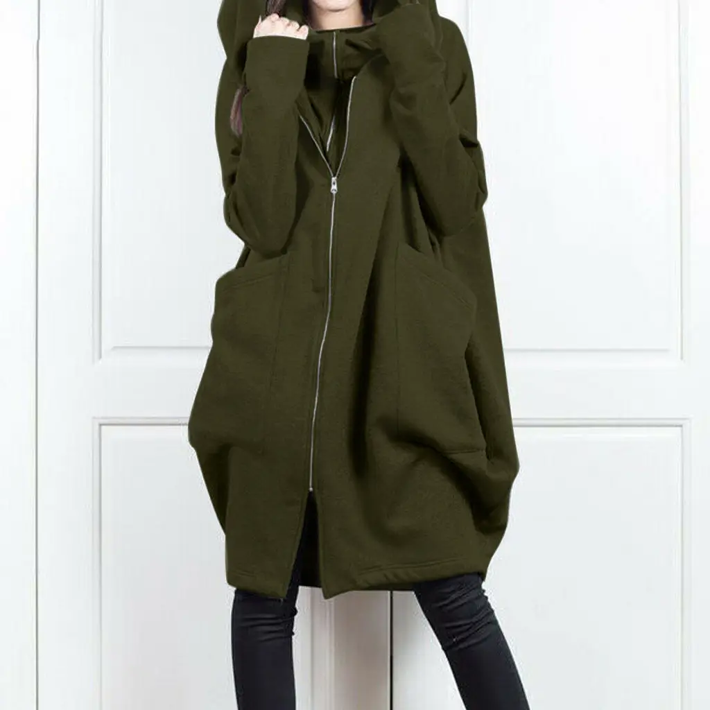 Black Hooded Zipper Long Coat for Women - Image 2