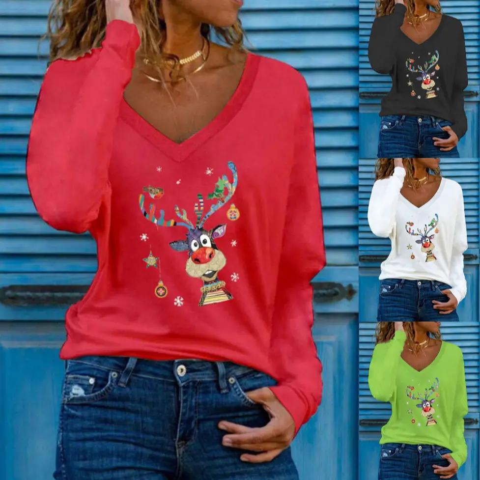 Women's White Deer Print Long Sleeve V Neck T-Shirt - Image 6