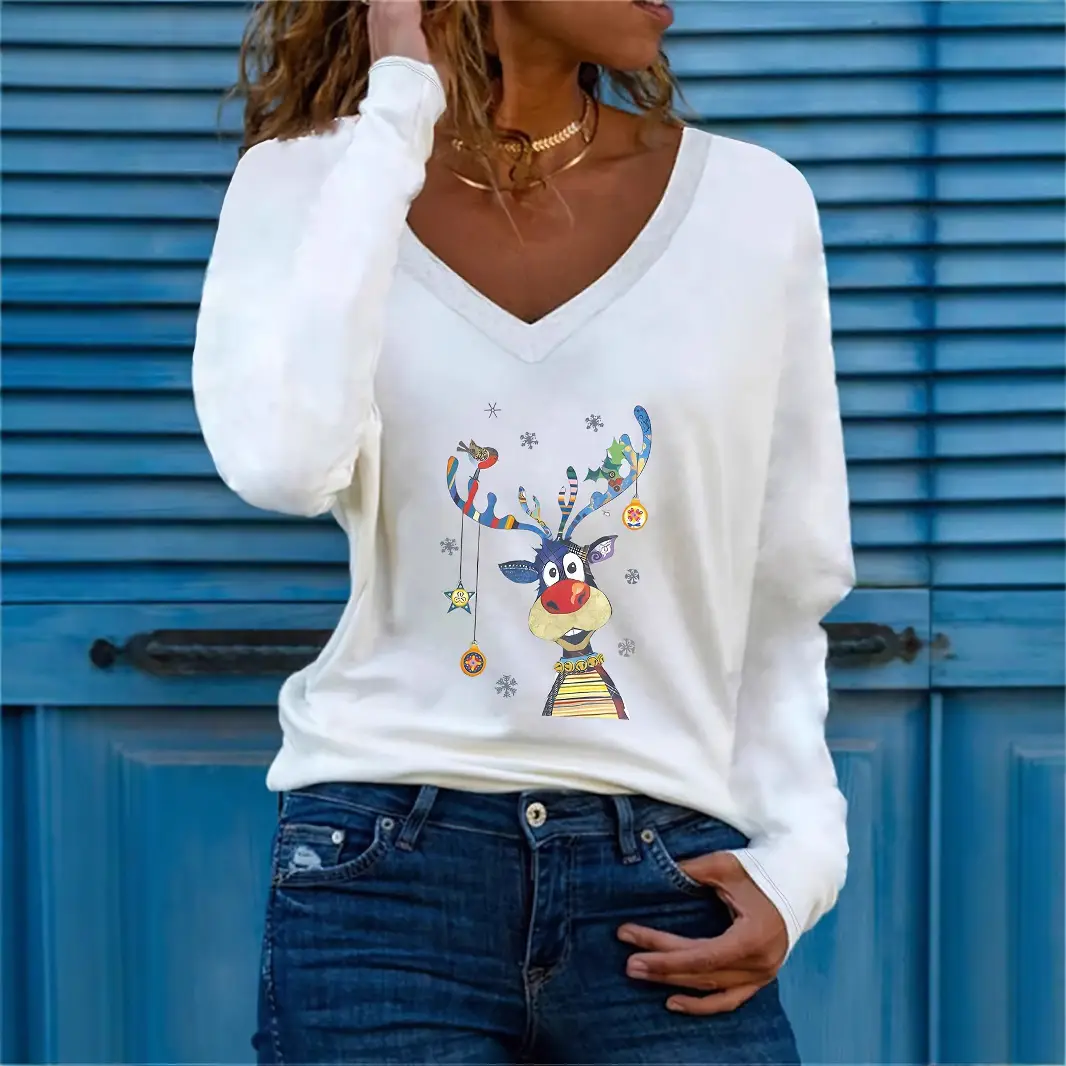 Women's White Deer Print Long Sleeve V Neck T-Shirt - Image 7