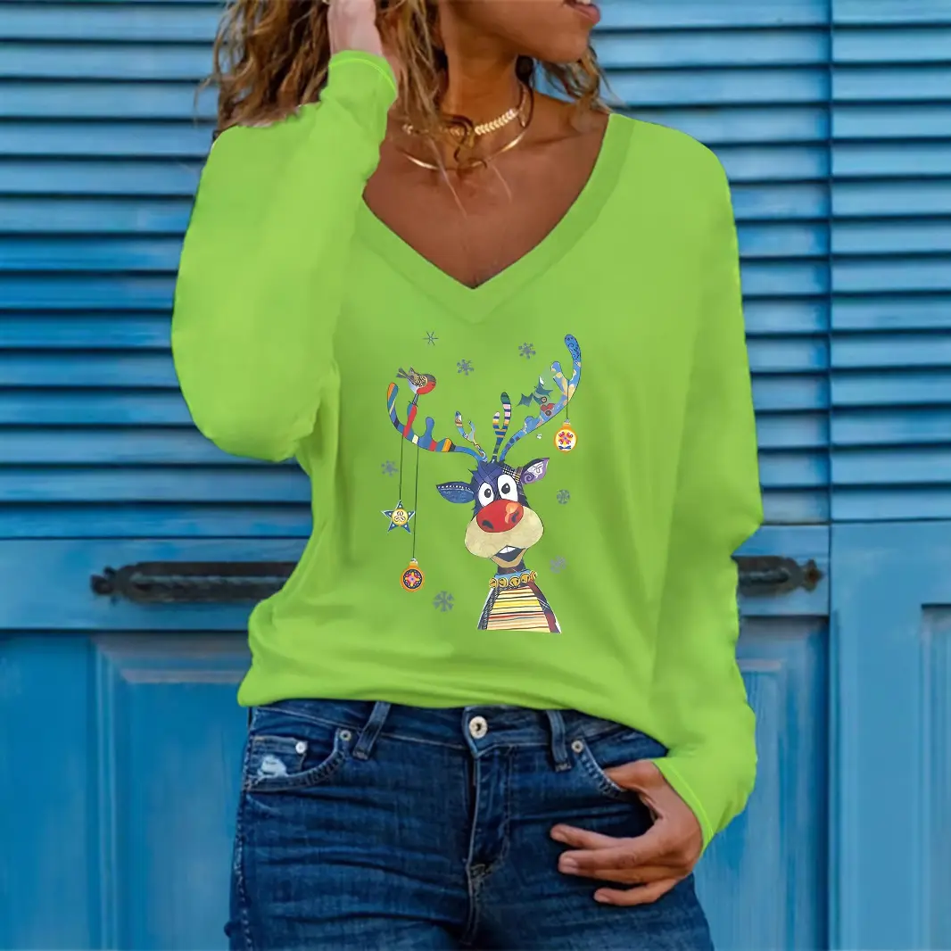 Women's White Deer Print Long Sleeve V Neck T-Shirt - Image 8