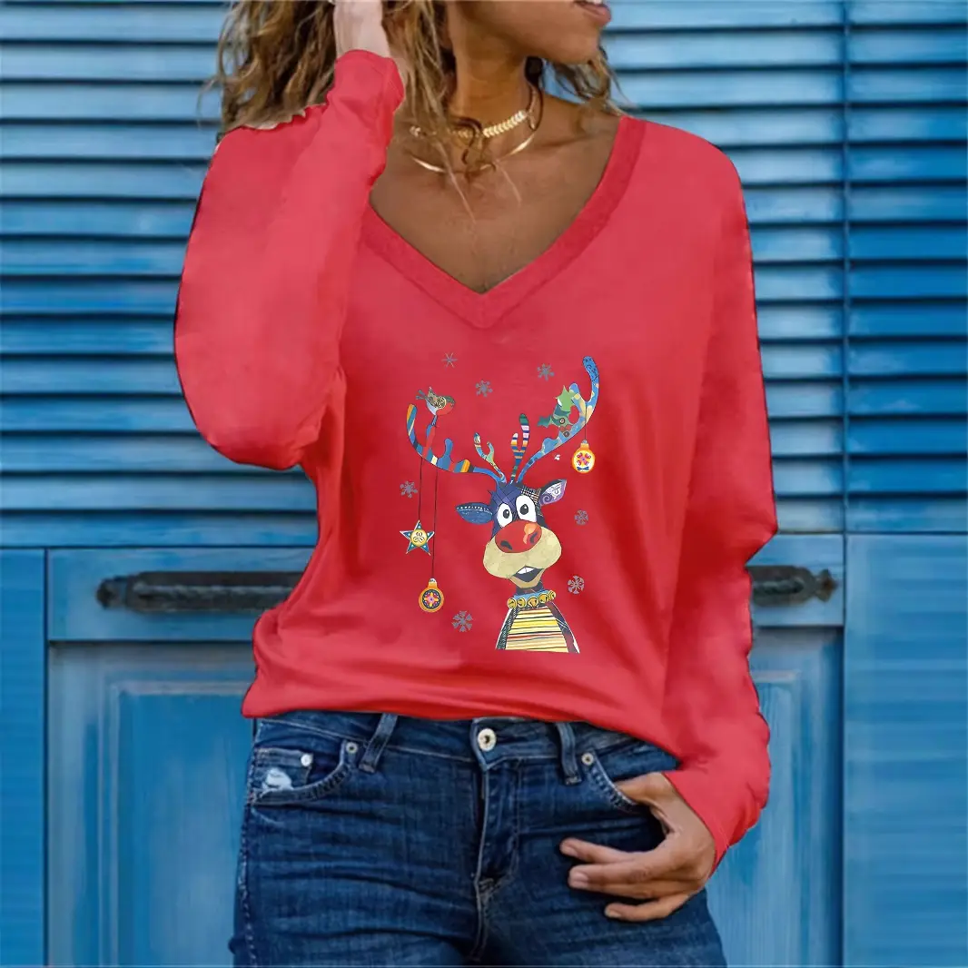 Women's White Deer Print Long Sleeve V Neck T-Shirt - Image 9