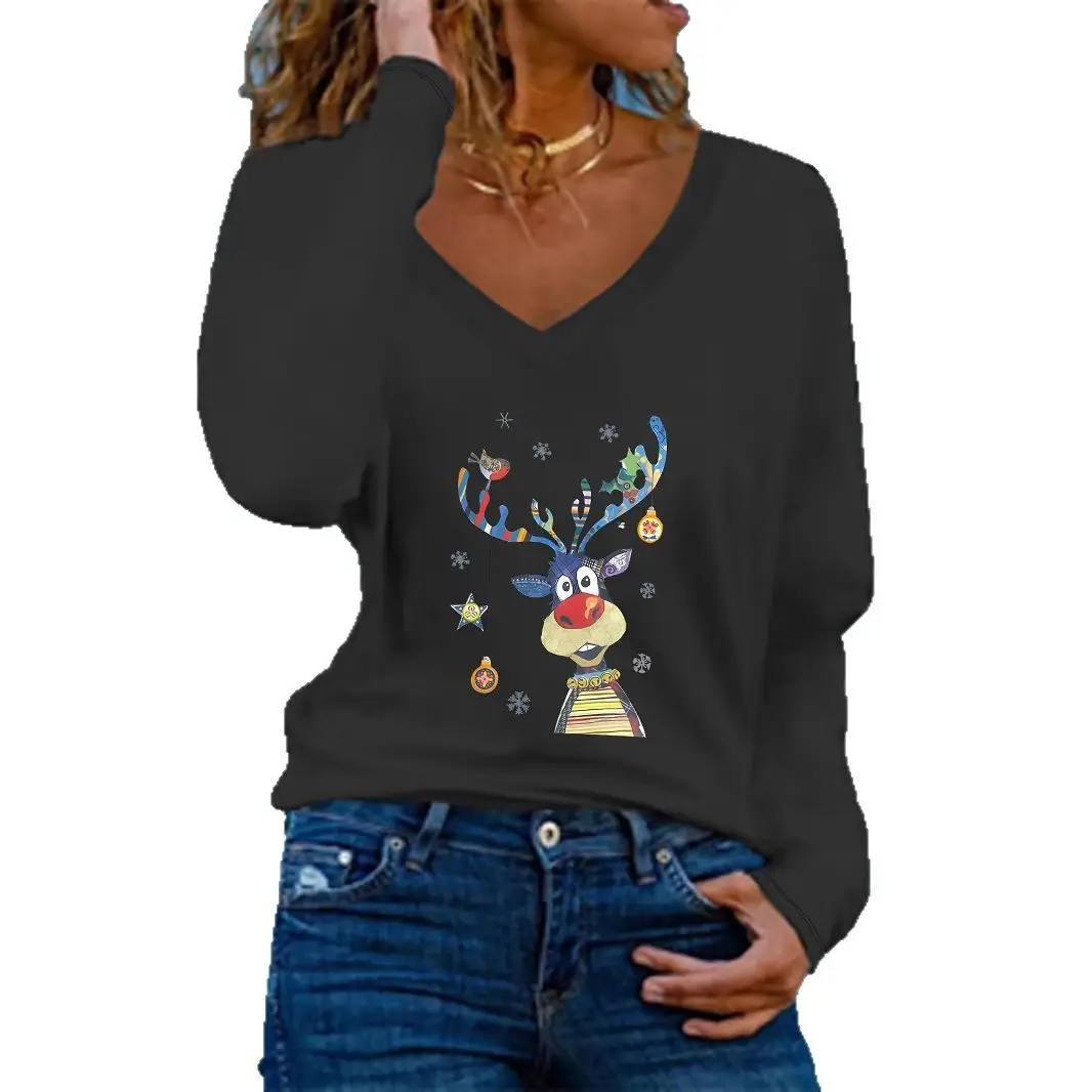 Women's White Deer Print Long Sleeve V Neck T-Shirt - Image 10