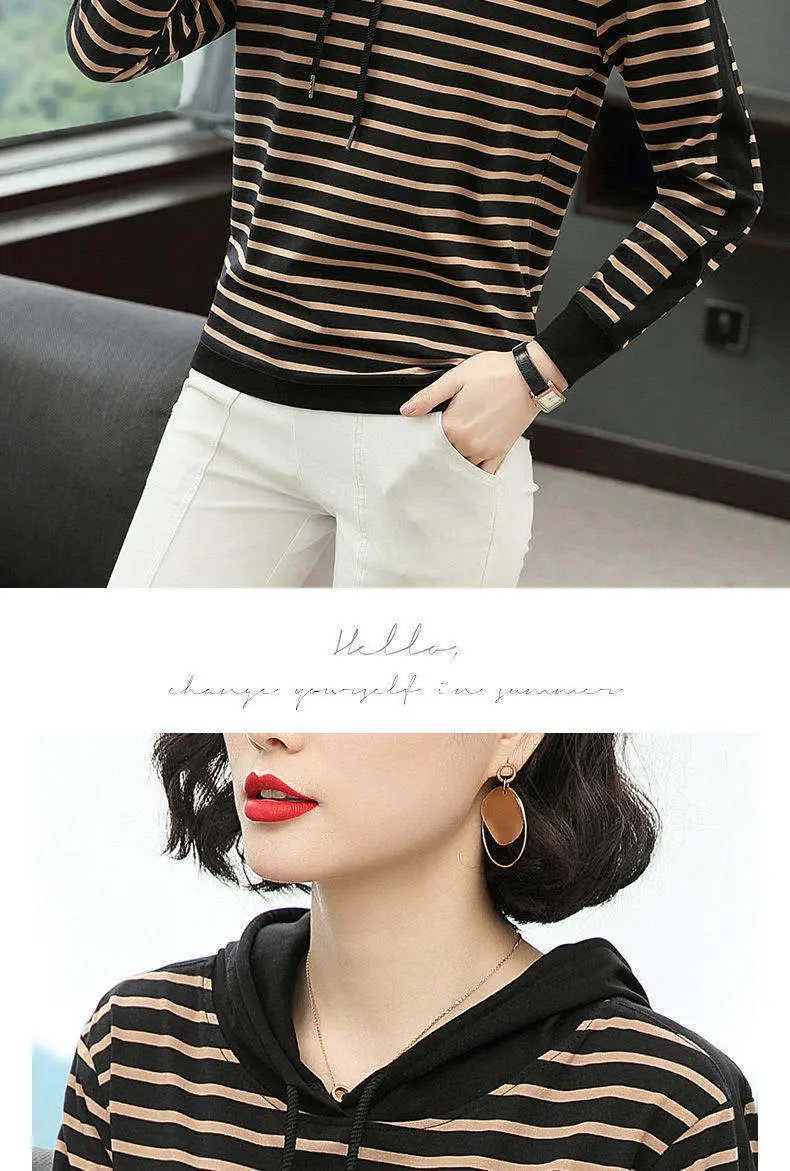 2022 Striped Hooded T-Shirt for Women Plus Size — feature 10