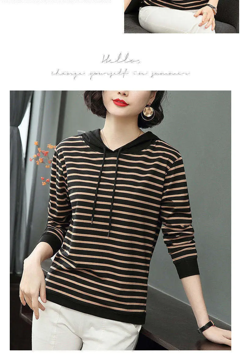 2022 Striped Hooded T-Shirt for Women Plus Size — feature 12