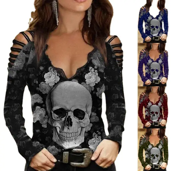 2022 Skull Printed V-Neck T-Shirt for Women - Image 7