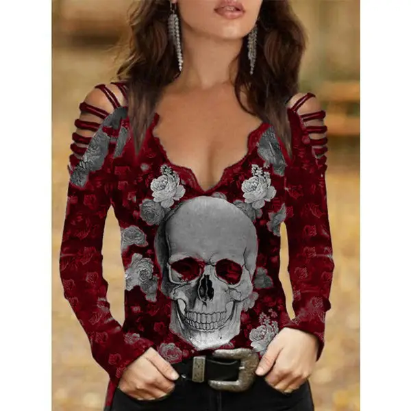 2022 Skull Printed V-Neck T-Shirt for Women - Image 8