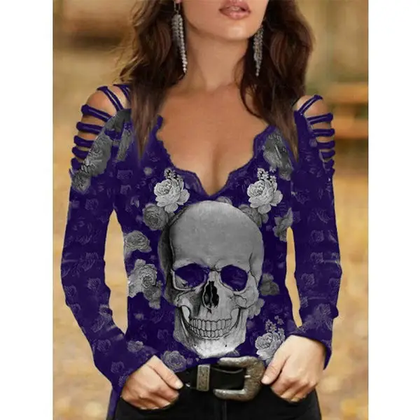2022 Skull Printed V-Neck T-Shirt for Women - Image 9