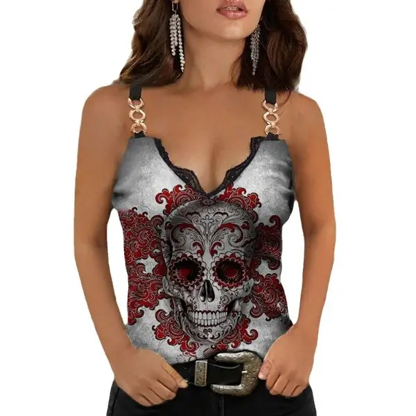 2022 Skull Printed V-Neck T-Shirt for Women - Image 11