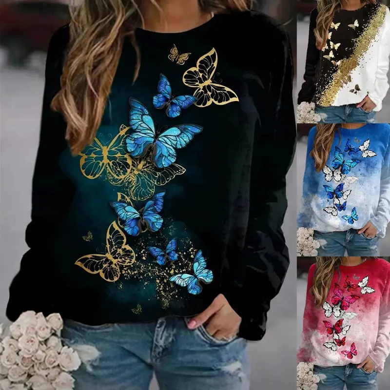 Women's Black White Butterfly Sweatshirt Round Neck Factory Direct 2022 - Image 9