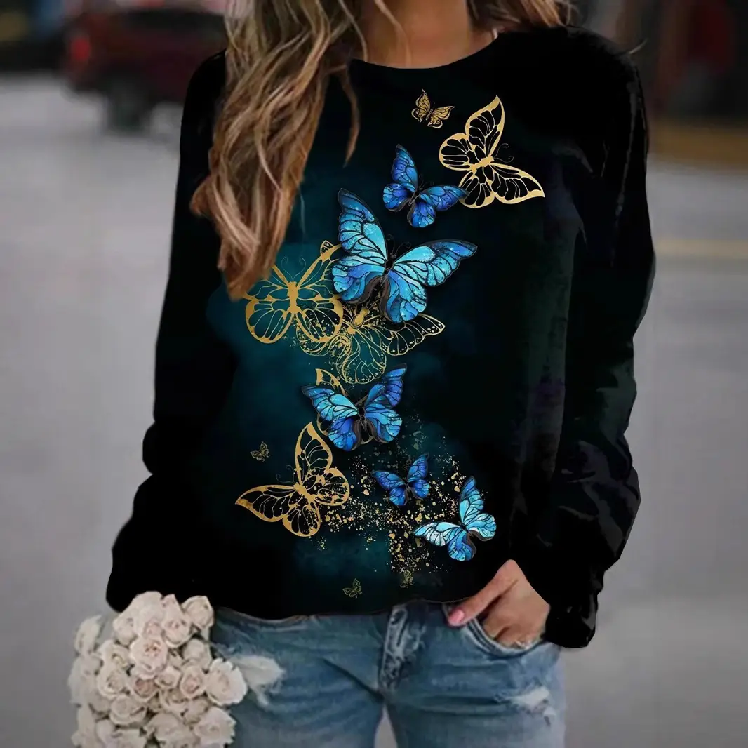 Women's Black White Butterfly Sweatshirt Round Neck Factory Direct 2022 - Image 10