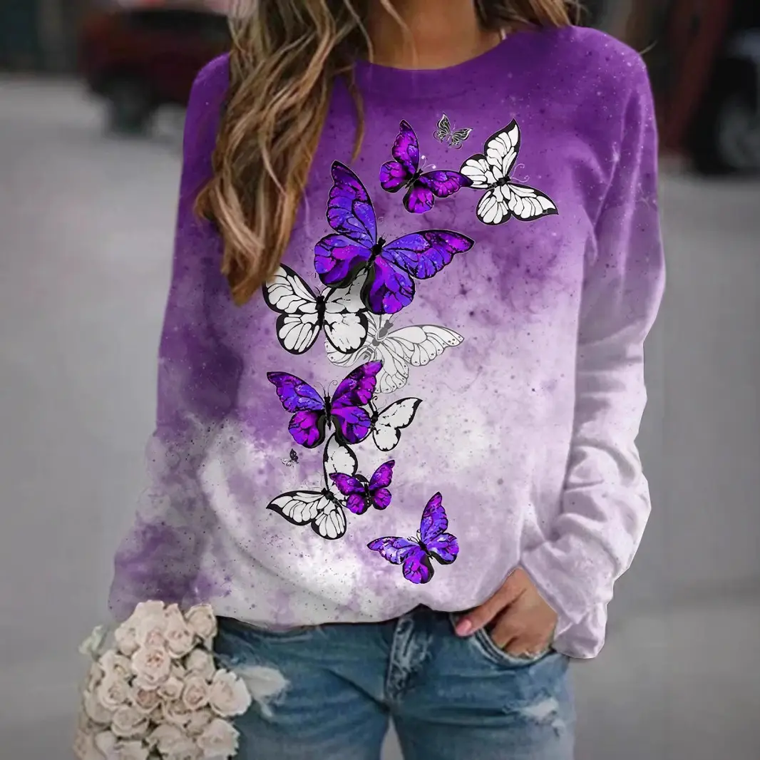 Women's Black White Butterfly Sweatshirt Round Neck Factory Direct 2022 - Image 11