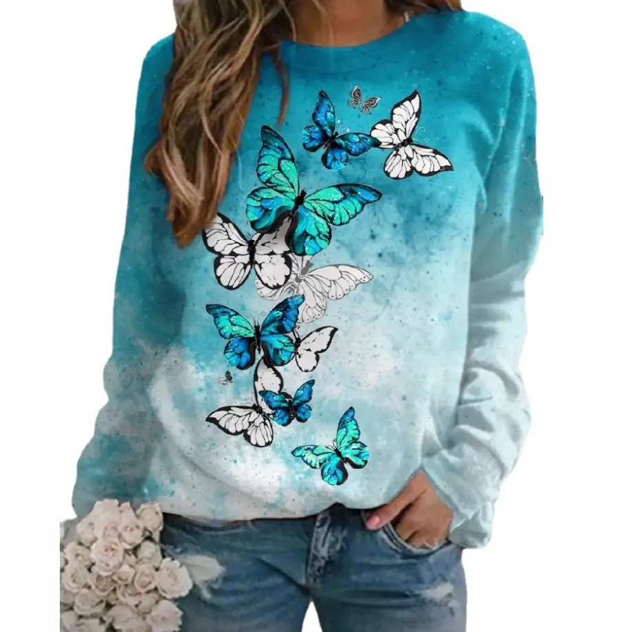 Women's Black White Butterfly Sweatshirt Round Neck Factory Direct 2022 - Image 12