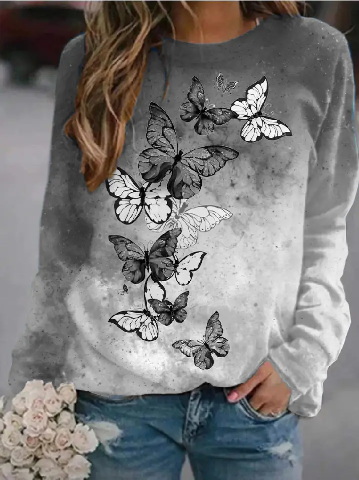 Women's Black White Butterfly Sweatshirt Round Neck Factory Direct 2022 - Image 2