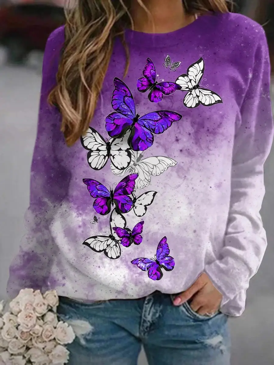 Women's Black White Butterfly Sweatshirt Round Neck Factory Direct 2022 - Image 3