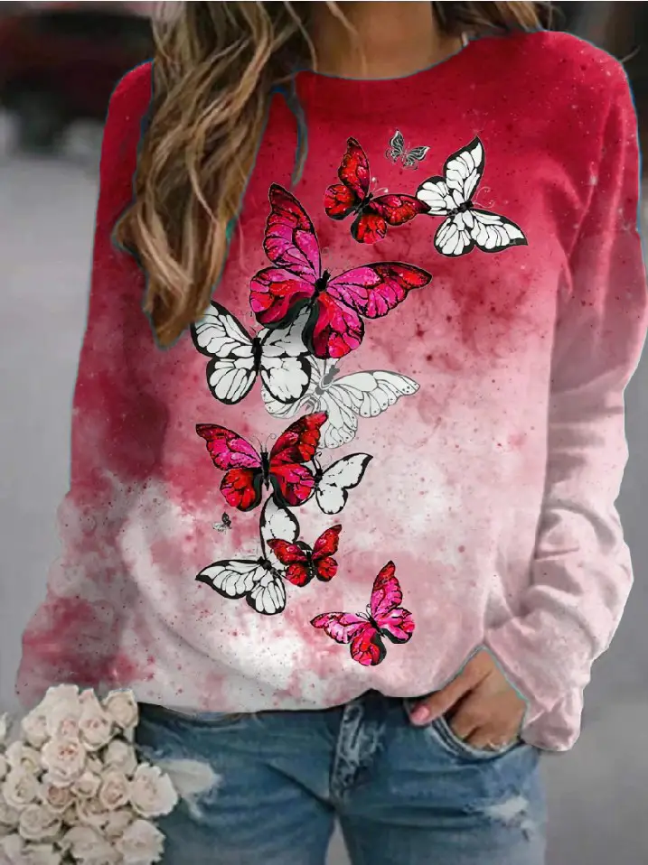 Women's Black White Butterfly Sweatshirt Round Neck Factory Direct 2022 - Image 4