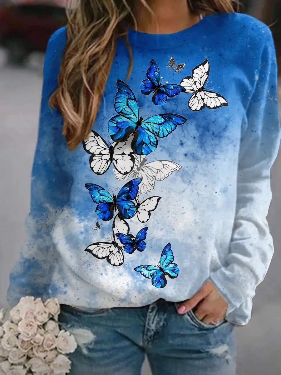 Women's Black White Butterfly Sweatshirt Round Neck Factory Direct 2022 - Image 6
