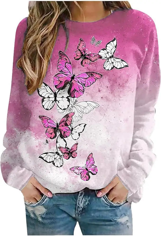Women's Black White Butterfly Sweatshirt Round Neck Factory Direct 2022 - Image 8