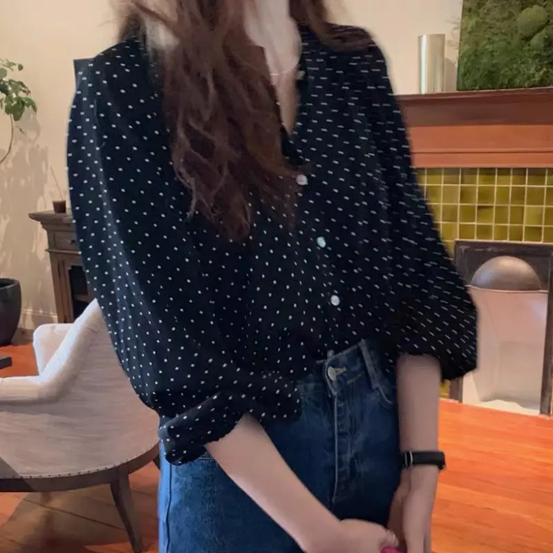 Women's Black Polka Dot Chiffon Long Sleeve Shirt