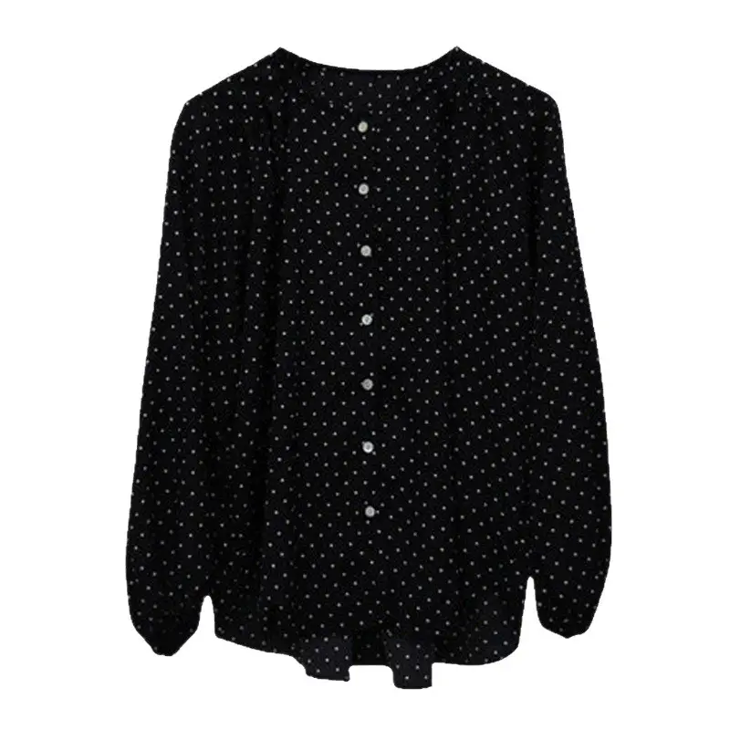 Women's Black Polka Dot Chiffon Long Sleeve Shirt
