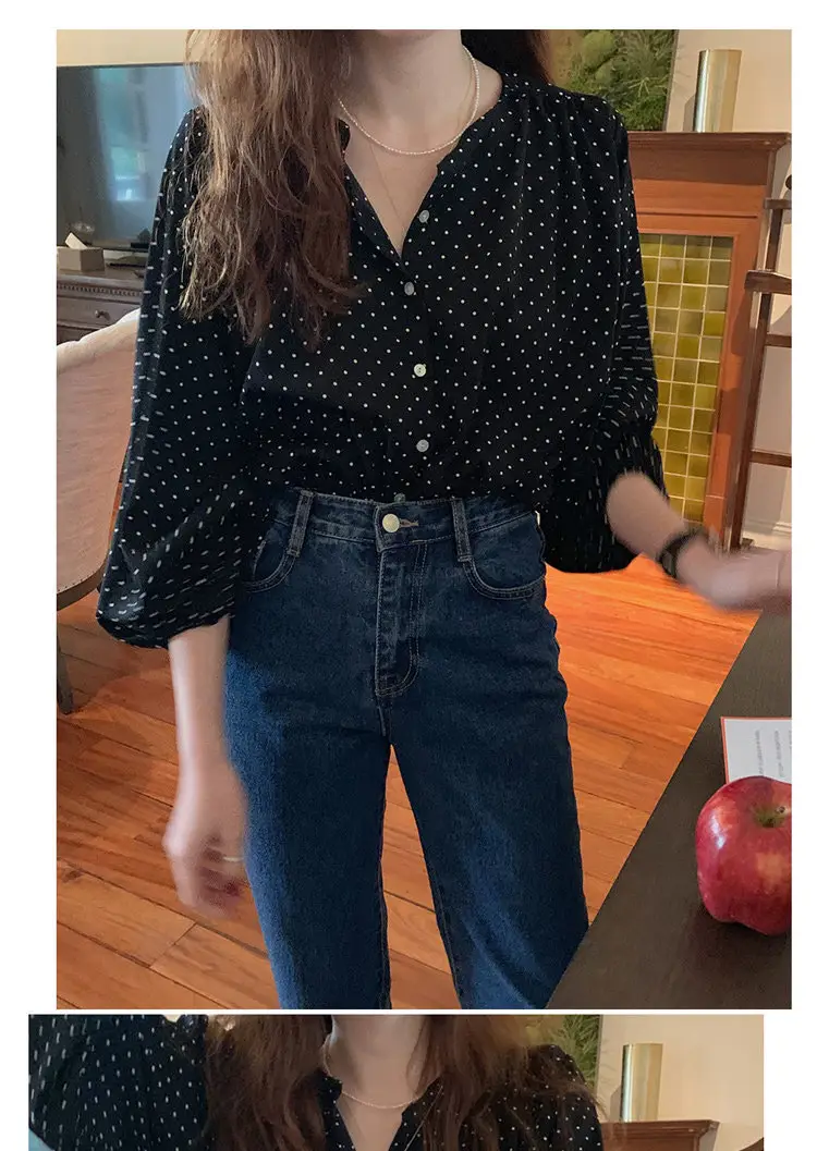 Women's Black Polka Dot Chiffon Long Sleeve Shirt — feature 1