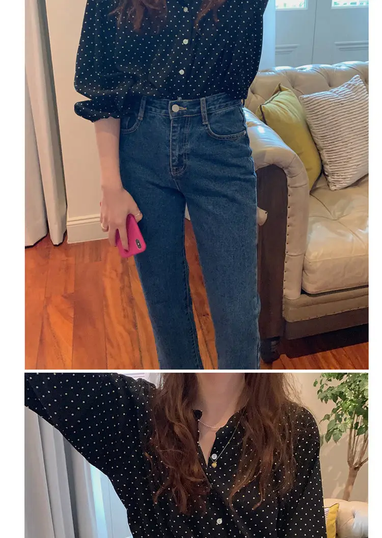 Women's Black Polka Dot Chiffon Long Sleeve Shirt — feature 10