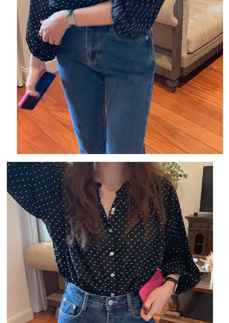 Women's Black Polka Dot Chiffon Long Sleeve Shirt — feature 12