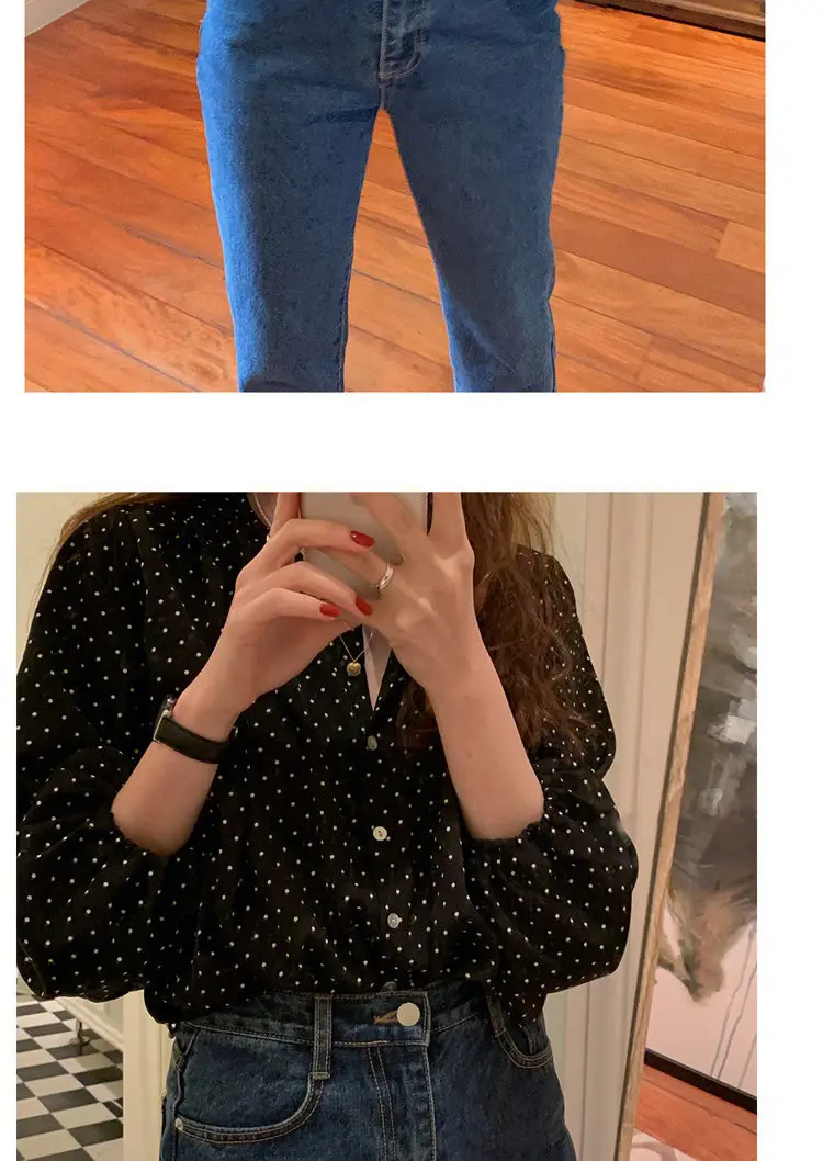 Women's Black Polka Dot Chiffon Long Sleeve Shirt — feature 13