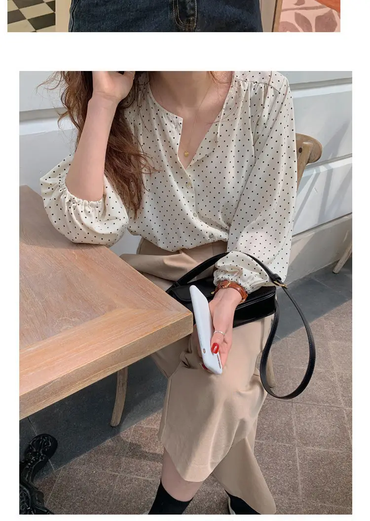 Women's Black Polka Dot Chiffon Long Sleeve Shirt — feature 14