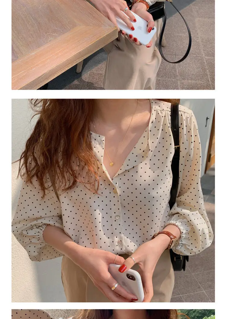 Women's Black Polka Dot Chiffon Long Sleeve Shirt — feature 16