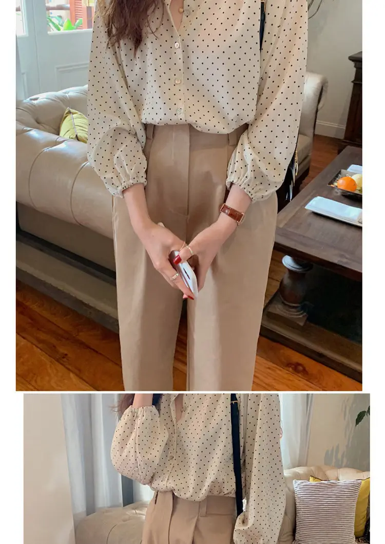 Women's Black Polka Dot Chiffon Long Sleeve Shirt — feature 18