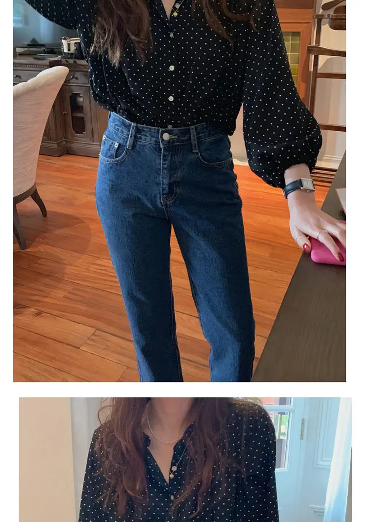 Women's Black Polka Dot Chiffon Long Sleeve Shirt — feature 2