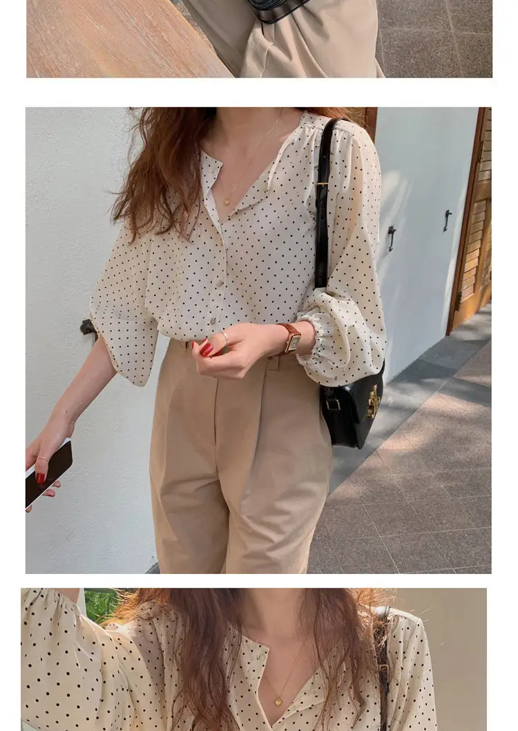 Women's Black Polka Dot Chiffon Long Sleeve Shirt — feature 21