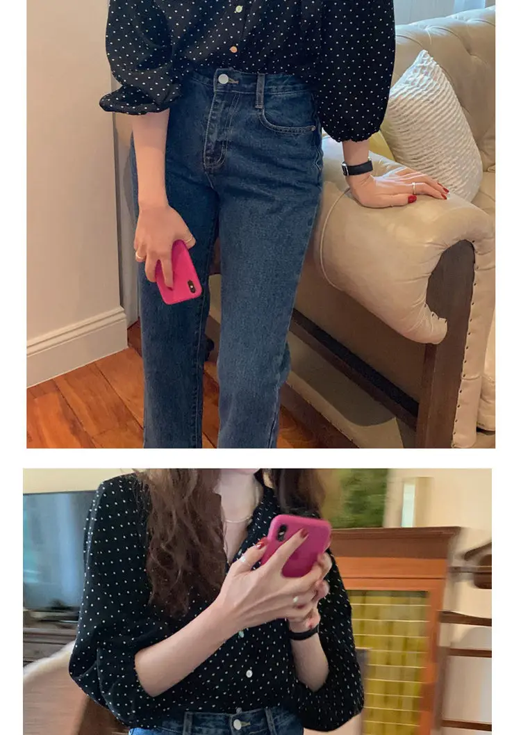 Women's Black Polka Dot Chiffon Long Sleeve Shirt — feature 3