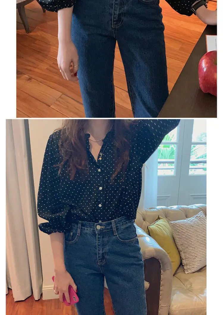 Women's Black Polka Dot Chiffon Long Sleeve Shirt — feature 5