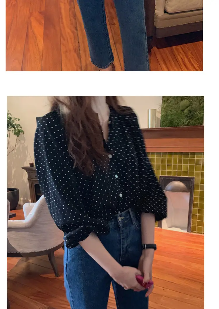 Women's Black Polka Dot Chiffon Long Sleeve Shirt — feature 6