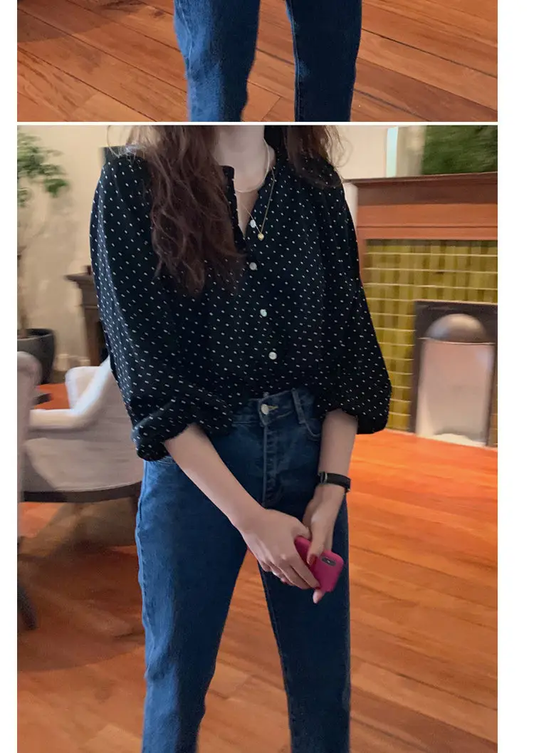 Women's Black Polka Dot Chiffon Long Sleeve Shirt — feature 7