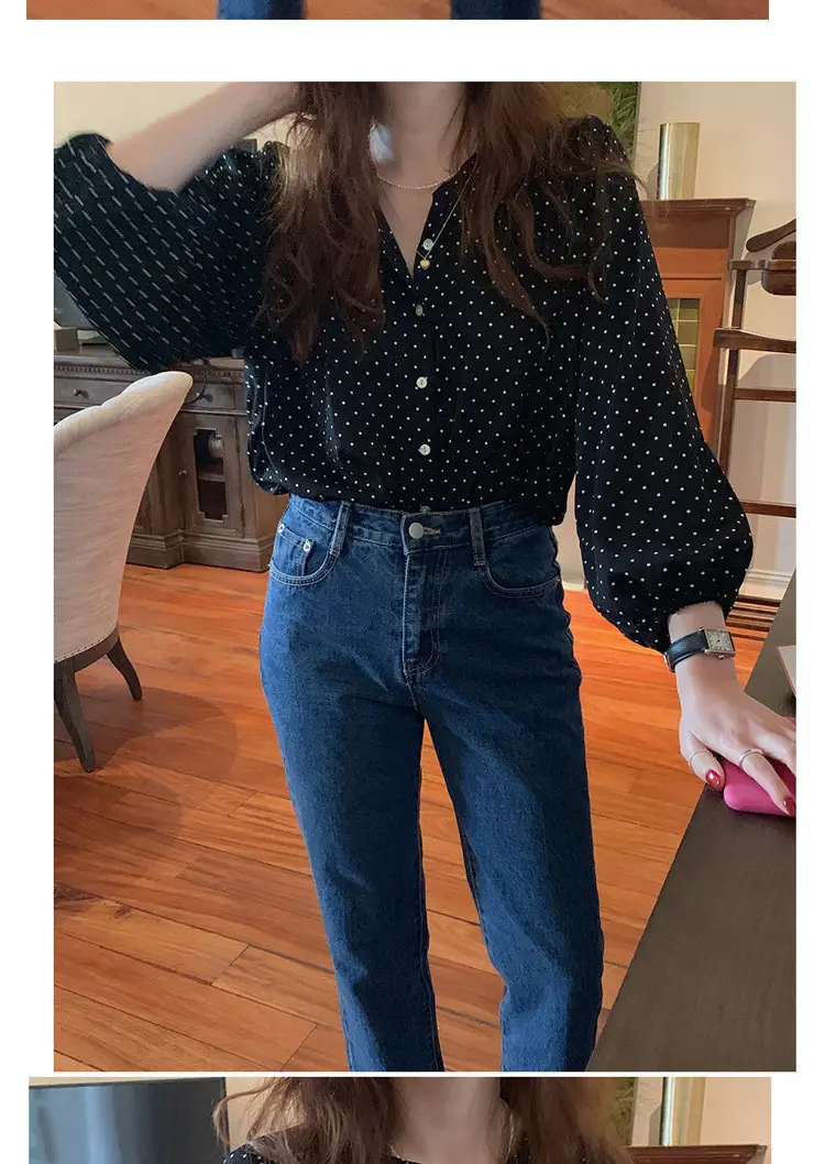Women's Black Polka Dot Chiffon Long Sleeve Shirt — feature 8