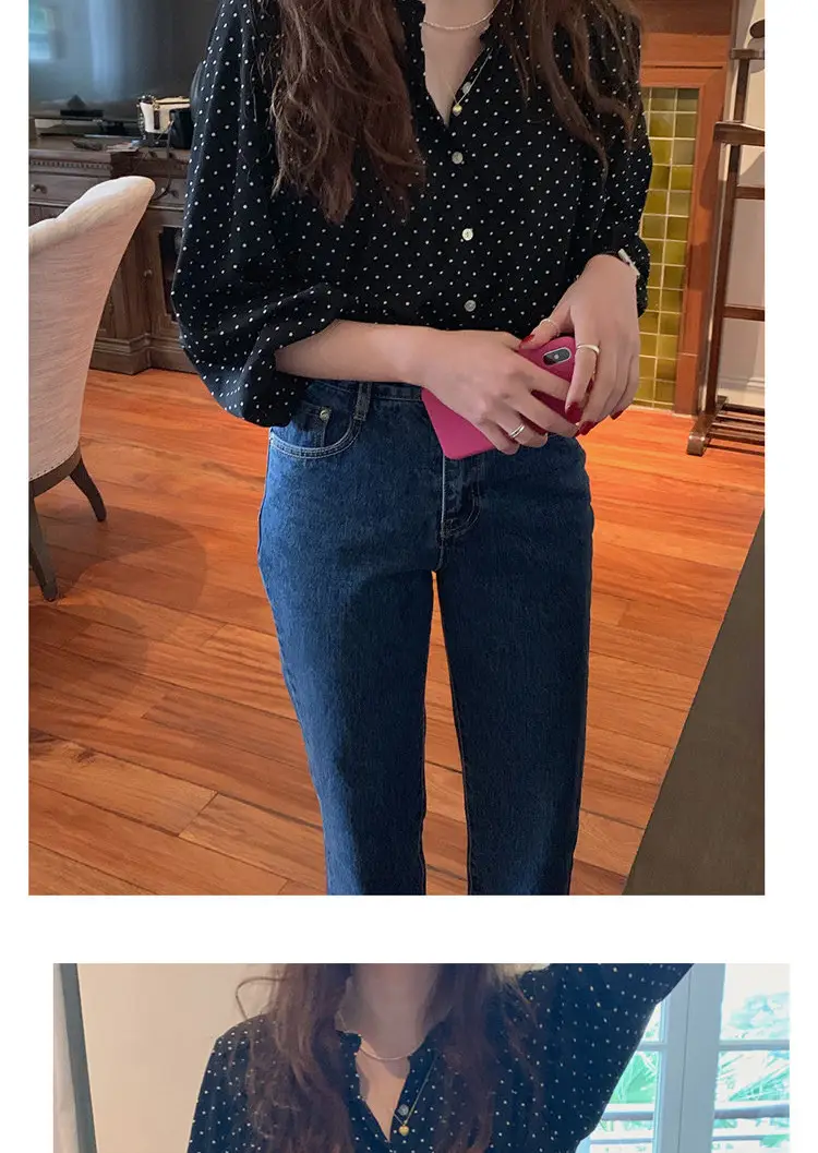 Women's Black Polka Dot Chiffon Long Sleeve Shirt — feature 9