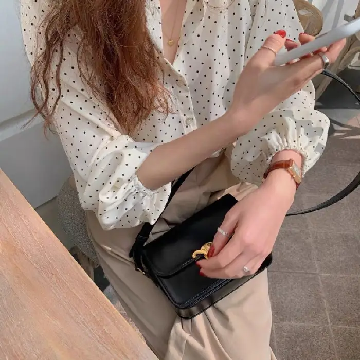 Women's Black Polka Dot Chiffon Long Sleeve Shirt