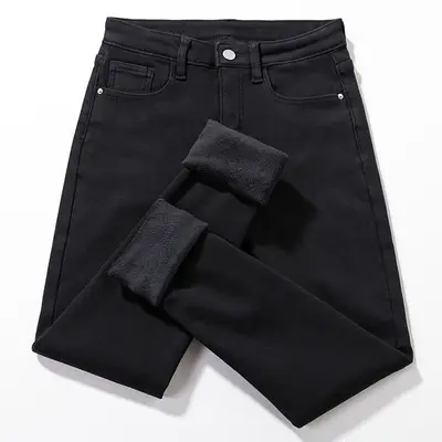 Women's Black Fleece Lined Winter Jeans High Waist Slimming — feature 3