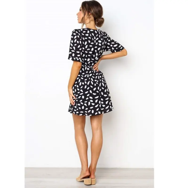 Women Printed Lace-Up Summer Dress Black White