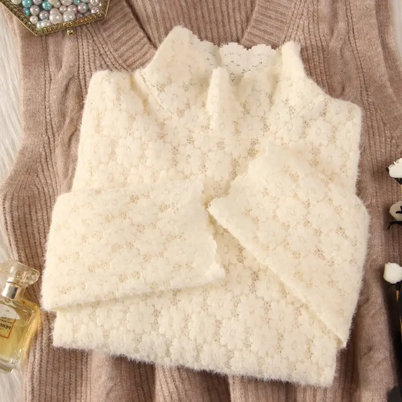 Women's White Fleece Lace Shirt for Winter Autumn - Image 6