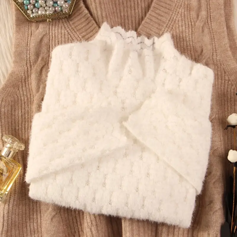 Women's White Fleece Lace Shirt for Winter Autumn - Image 2