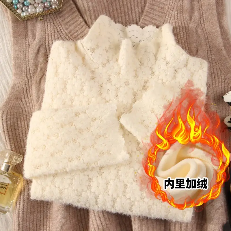 Women's White Fleece Lace Shirt for Winter Autumn - Image 3
