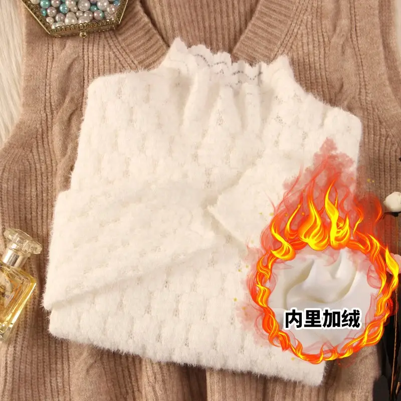 Women's White Fleece Lace Shirt for Winter Autumn - Image 4