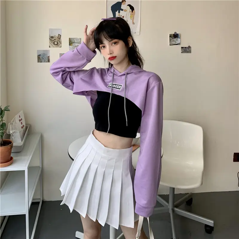 Women Blue Hooded Sweatshirt High Waist Long Sleeve — feature 10