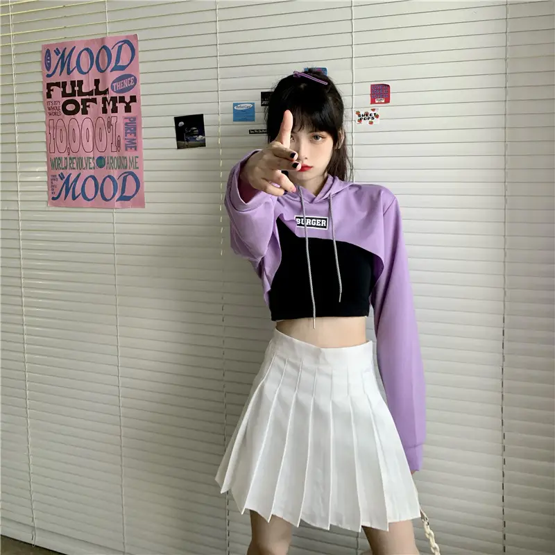 Women Blue Hooded Sweatshirt High Waist Long Sleeve — feature 11