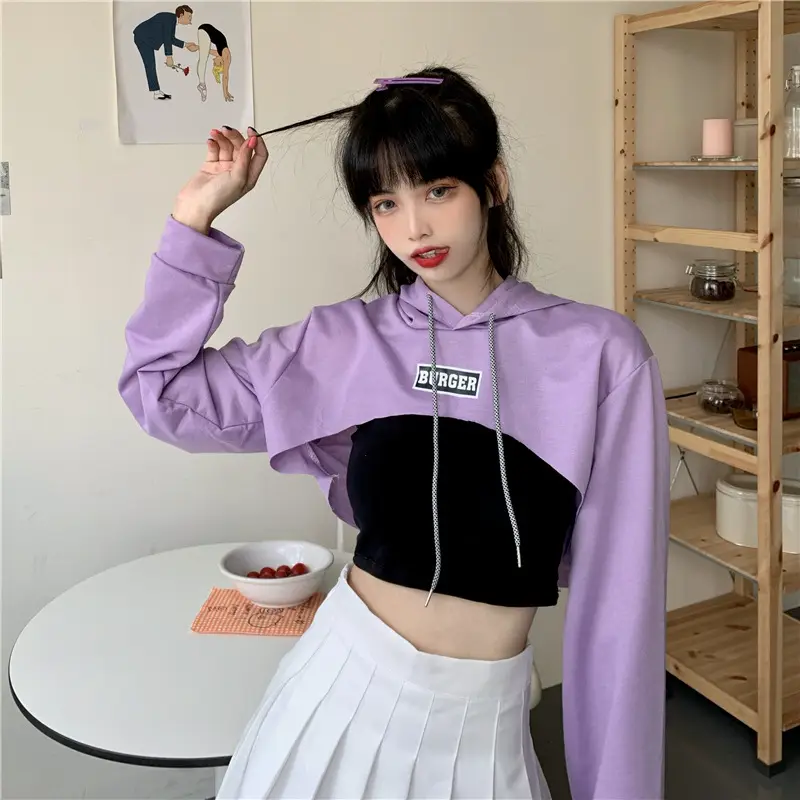 Women Blue Hooded Sweatshirt High Waist Long Sleeve — feature 12