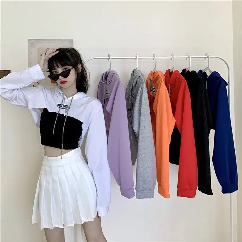 Women Blue Hooded Sweatshirt High Waist Long Sleeve — feature 15